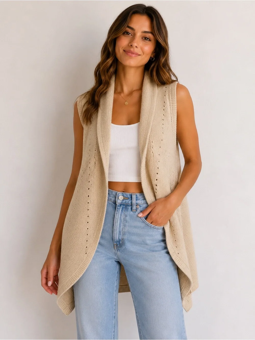 Michael Kors Beige Sleeveless Open Front Knit Shawl Cardigan Size Large